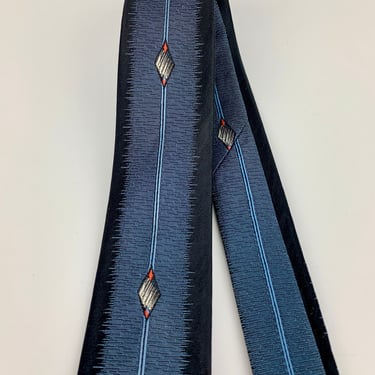 1960'S Tonal Striped Tie - Ombré Blue to Black - Red Accents - Rayon & Acetate  - Narrow Width - Excellent Condition 