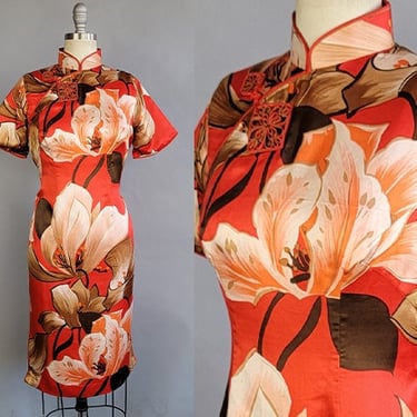 1960s Cheongsam / 60s Red Floral Silk Cheongsam with Frog Closure / Large Orchid Print Dress / Size Large Size Medium 