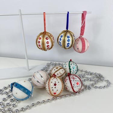 Vintage Bead & Sequin Push Pin Ball Ornament set of 9, Christmas Ornament, Styrofoam Ball Embellished Ornaments, Hand beaded pinned ornament 