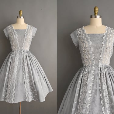 vintage 1950s Dress | Vintage Dove Gray Floral Eyelet Cotton Full Skirt Dress | small 