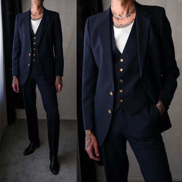 Vintage 70s Yves Saint Laurent Navy Gabardine Three Piece Flare Leg Suit w/ YSL Logo Buttons | Made in France | 1970s YSL Designer Mens Suit 