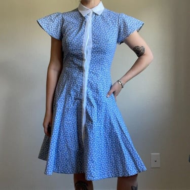 Handmade Vintage Blue Cotton Collared Floral Daisy Cottagecore Knee Length Dress 