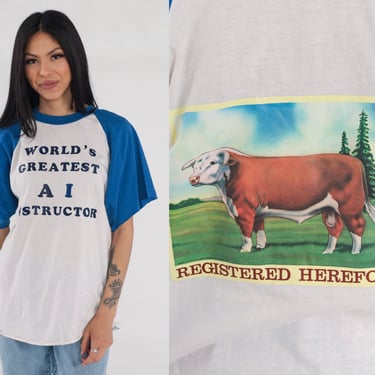 Farmer T-shirt 80s World's Greatest AI Instructor Shirt Cattle Rancher Tshirt Cow Graphic White Blue Ringer Tee Vintage 1980s Extra Large xl 