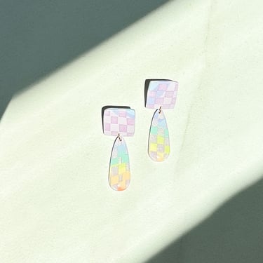 Rainbow Checkerboard Polymer Clay Statement Earrings, Lightweight Summer Translucent Earrings, Hypoallergenic Post | FANTASIA in pride check 