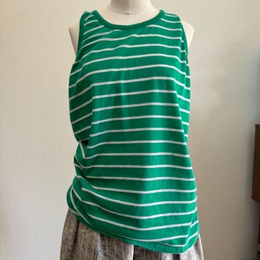 Vintage 70s Stretch Knit Cotton Tank Top with Green and White Stripes ; 70s Retro Summer Bro Beach Tank Striped Sweater Vest M L 