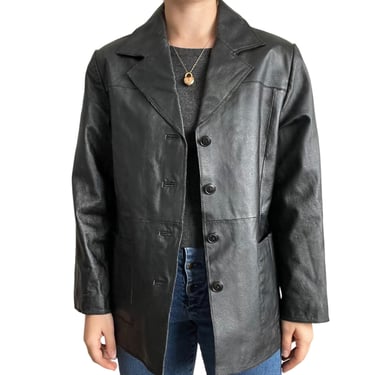 Vintage Unisex Womens 90s Black 100% Leather Matrix Oversized Blazer Jacket Sz L 