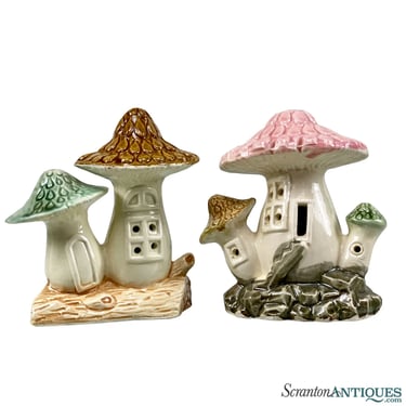 Vintage Aquarium Decoration Japanese Porcelain Mushroom House - A Pair