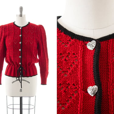 Vintage 1980s Cardigan | 80s does 1940s Austrian Red Hearts Knit Wool Drawstring Long Sleeve Sweater (medium/large) 
