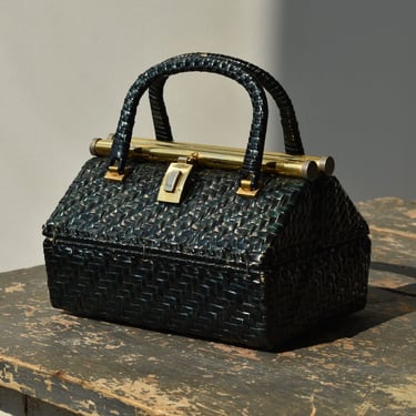 Vintage Deep Green Lacquered Wicker Box Bag by Rodo, Made in Italy, Circa 1950s-60s