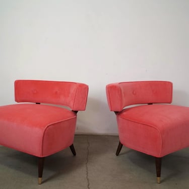 Pair of 1950’s Mid-Century Hollywood Regency Pink Velvet Slipper Lounge Chairs 