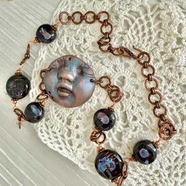 Artsy OOAK Statement Necklace, Clay Face, Man in the Moon, Fused Glass, Abstract, Hook Closure, Vintage 