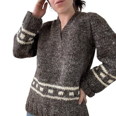 Vintage Womens Brown Hand Knit Chunky Oversized Wool Cowichan Sweater Sz M 