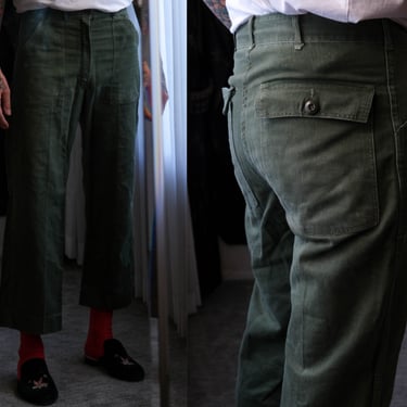 Vintage 60s Olive Green Type 1 OG 107 Cotton Sateen Military Fatigue Pants w/ Brass Prentice Zipper | Made In USA | 1960s Vietnam Era Pants 