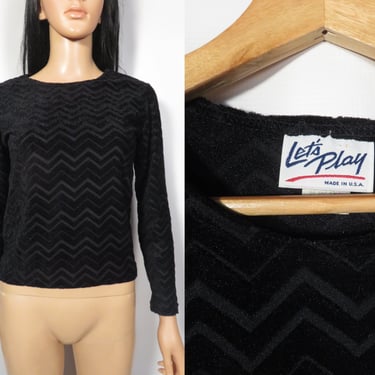 Vintage 80s/90s Zig Zag Black Velvet Long Sleeve Top Made In USA Size M 