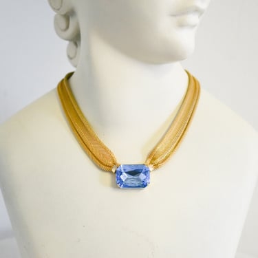 1980s Blue Rhinestone and Metal Mesh Necklace 