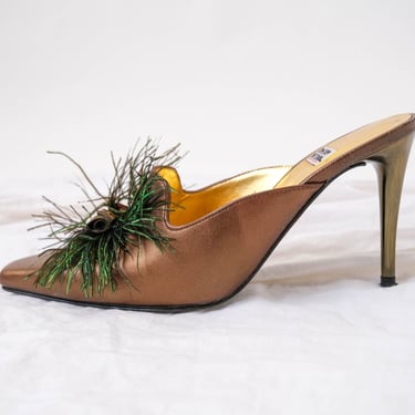 Vintage TIMOTHY HITSMAN Metallic Pointed Toe Stiletto Mule w/ Decorative Feathers | Made in Spain | Size 9M | 2000s Y2K Designer Shoes 