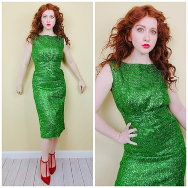 1960s Vintage Green Tinsel Holiday Dress / 60s/ Sixties Sparkle Belted Mod Party Dress / Small - Medium 