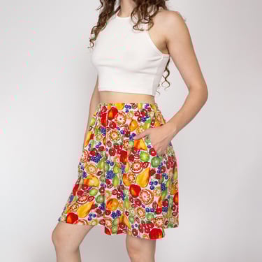 Med-Lrg 80s Fruit Print High Waisted Wide Leg Shorts | Vintage Long Inseam Pocket Mom Shorts 
