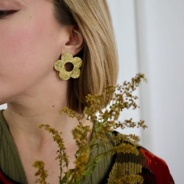 Large Brass Flower Statement Earrings / Cute Handmade Jewelry 