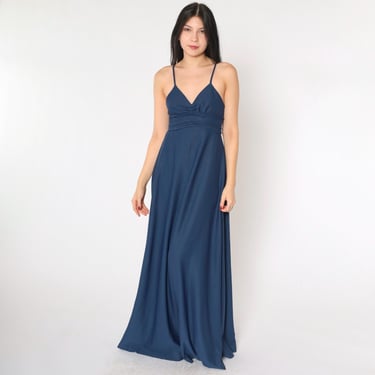 Vintage Blue Party Dress 70s Maxi Gown Deep V Neck Grecian Dress Drape Formal Strappy Spaghetti Strap 1970s Prom High Waist Extra Small xs 