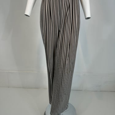 1990s Carlislie Black &amp; White Silk Stripe Pleat Front Wide Leg Trouser