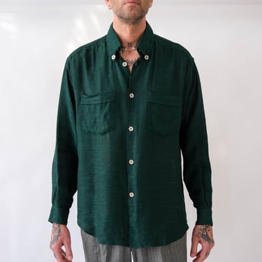 Vintage 80s Giorgio Armani Le Collezioni Hunter Green Linen Blend Shirt w/ Large Ivory Buttons | Made in Italy | 1980s Armani Designer Shirt 