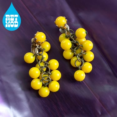 So Adorable Vintage 60s 70s Yellow Cluster Bead Dangle Clip-On Earrings 