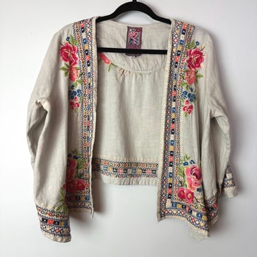 90’s Y2K Linen embroidered floral open blouse layered cropped  jacket~ boho style ~ colorful Johnny Was LA~ flower textile  boxy /size SM 