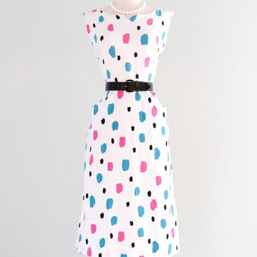 Vintage 1950's Pink & Teal Polka Dot Ivory Cotton Dress / M