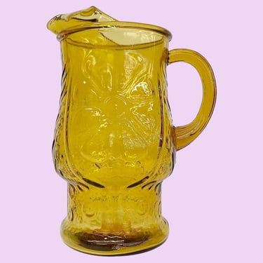 Vintage Libbey Pitcher Retro 1970s Mid Century Modern + Country Garden + Amber + Glass + Daisy Flower Design + MCM Kitchen + Serving Drinks 