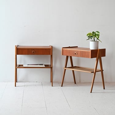 Pair of Vintage Scandinavian Teak and Rattan Nightstands with Drawer 