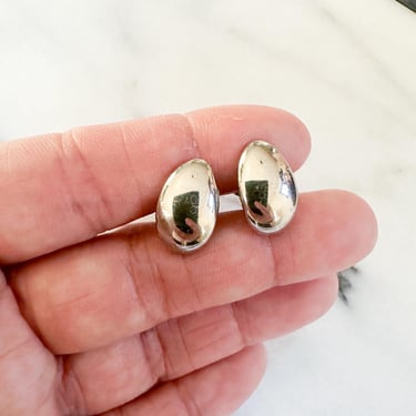 Vintage 1980s Silver Bean Oval Clip On Earrings 