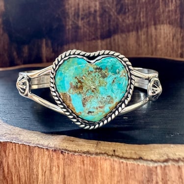 HEART of TURQUOISE and Sterling Silver Cuff | Silver Heart Bracelet | CHR Hallmark Navajo Made | Native American Southwestern Jewelry | 24g 