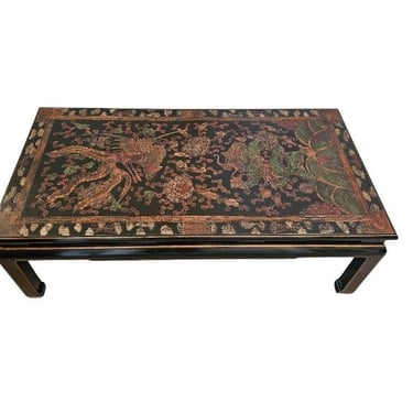 Vintage Chinese Ming Style Black Lacquered Coffee Table with Polychrome Dragon & Phoenix 