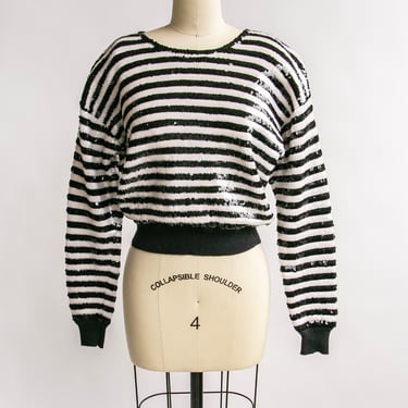 1990s Sequined Top Cotton Knit Striped Sweater M 