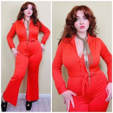 1970s Vintage Orange Poly Knit Belted Jumpsuit / 70s / Seventies Button Flared Leg Disco Catsuit / Size Medium 