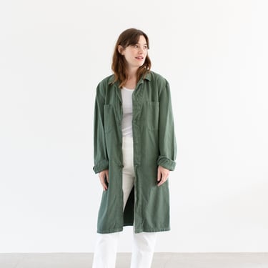 Vintage Eucalyptus Green Shop Coat | Unisex Herringbone Twill Euro Chore Trench Jacket | M | 