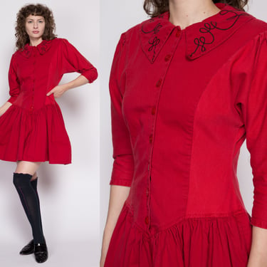 Medium 80s Starina Crimson Red Sailor Collar Dress | Vintage Indian Cotton 3/4 Sleeve Button Up Fit & Flare Pocket Mini Dress 