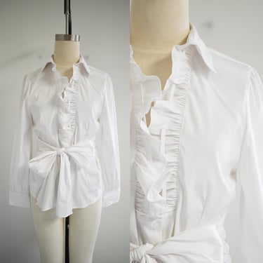 1990s White Ruffle Front Blouse 