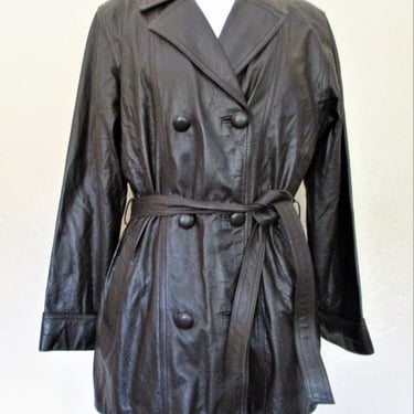 Leather Trench Coat, Vintage 70s, Brown Leather Peacoat, M/L Women, removable liner, double breasted 