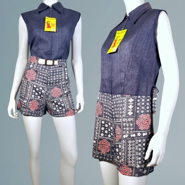 1960s mod print romper rockabilly vintage cotton bandana 60s 70s jumpsuit gogo sleeveless one piece (M/L) 