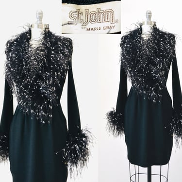70s Vintage St John Marabou Feather Dress Black Knit Dress By St John Ostrich Feather Dress // 70s Black Sweater Knit Dress XS Small 