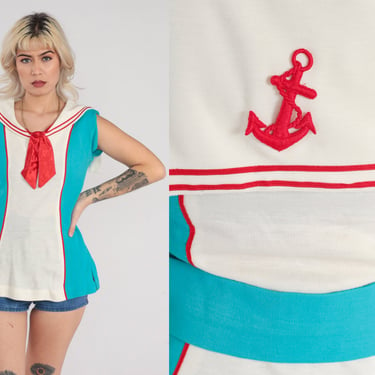 Sailor Collar Shirt 60s Nautical Tank Top White Blue Sleeveless Blouse Red Anchor Necktie Ascot Bow Color Block Retro Vintage 1960s Small S 