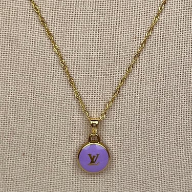 Canela Vintage Louis Vuitton Enamel Lavender LV Initial Double Sided Necklace