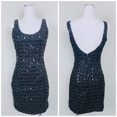 1980s Vintage Black Acetate Sequin Dress / 80s / Eighties Scoop Back Body Con Sequined Mini Dress / Size Small 