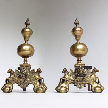 Impressive Pair of Brass Firedogs | Winged Horses & Lion Mask | Claw and Ball Feet | Antique Fireplace Andirons 19th century 