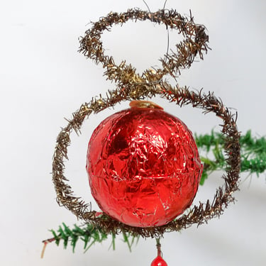 Antique Gold Tinsel Ornament with Red Foil Ball Christmas Ornament, Vintage Retro Decor 