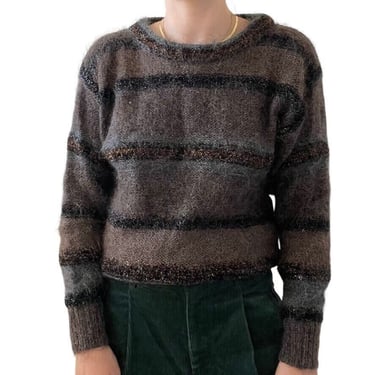 Vintage 1980s Escada Fluffy Fuzzy Mohair Blend Striped Metallic Sweater Sz M 