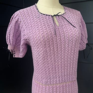 Late 1930s Lilac Cotton Hand Crocheted Puffed Sleeve Dress Just Darlin 38 Bust Max 