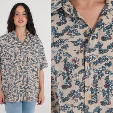 Blue Floral Shirt 90s Beige Collared Button Up Shirt Retro Preppy Flower Print Shirt Short Sleeve Top Collar Vintage 1990s Men's Large 